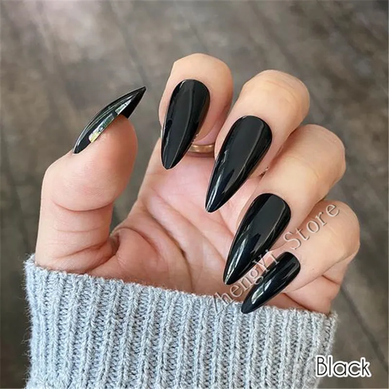 

Black Midi Press On Nails Stiletto Artificial Fake Nails With Glue Sticker Halloween Shiny Full Cover Tips Faux Ongle Court