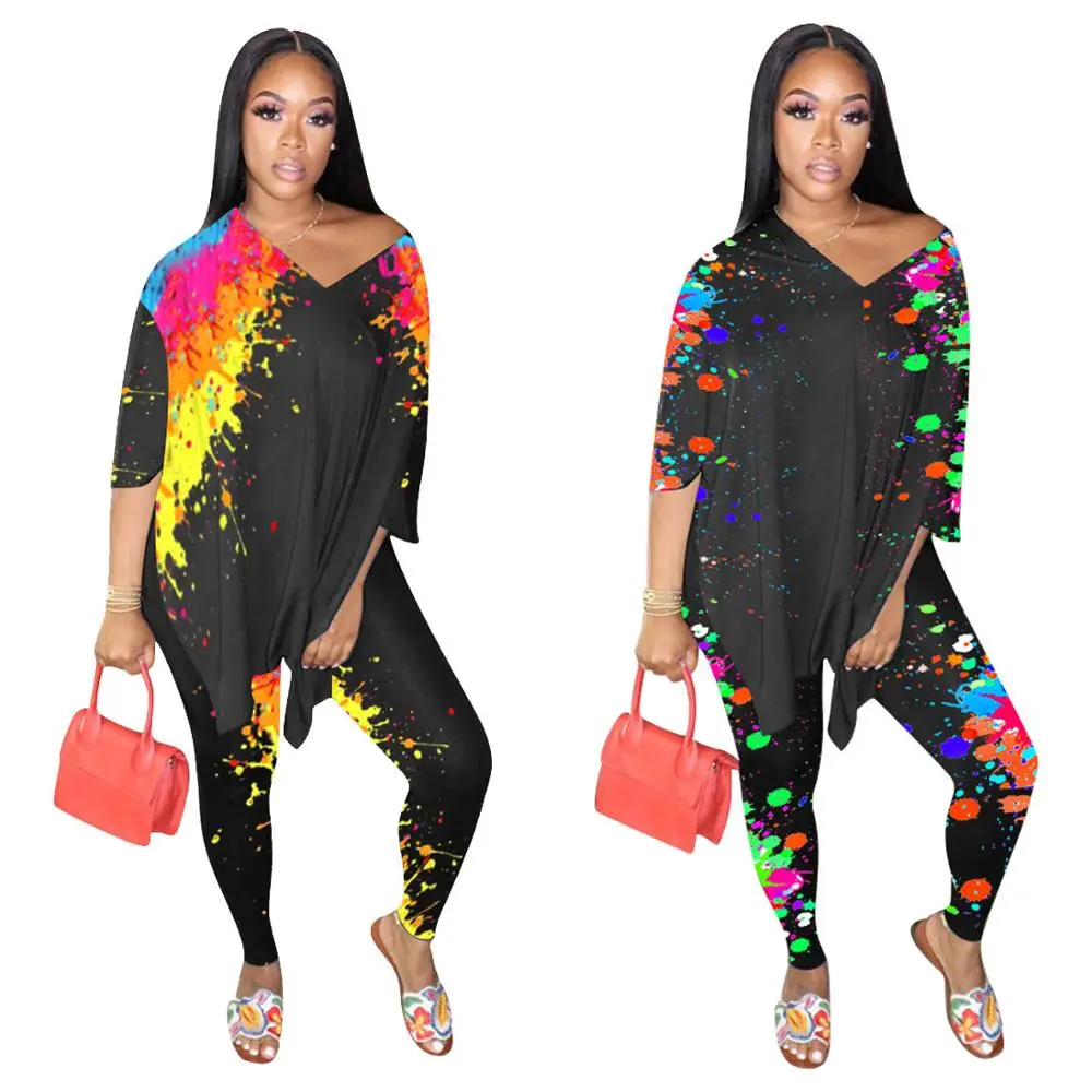 

Fashion Painting Print Two Piece Set V Neck Half Sleeve Side Slit Loose Long T Shirt Top Leggings Pants Suit Women Outfit