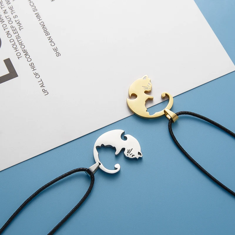 

SUMU 2021 New Fashion Couples Necklaces Black/Gold Silver Color Couple Necklace Titanium Steel Animal Cat Pendants Necklace
