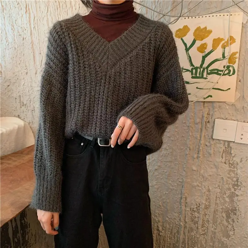 

Pullovers Women Autumn Winter Sweaters Solid V-Neck Oversize Loose Casual Daily Basic Womens 2020 New Korean Clothing Fashion