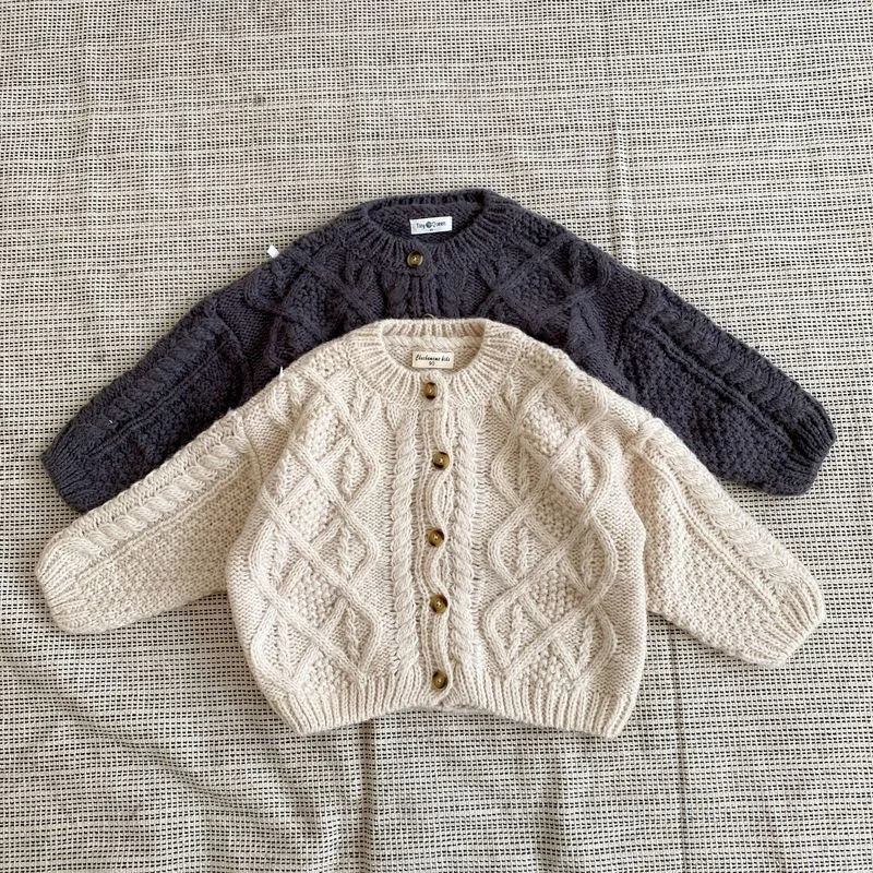 

Autumn Winter Classic Gray Boys Sweater Cardigan Korean Style Princess Beige Cable-knit Fall Girl Toddler Outfits Kids EY08101