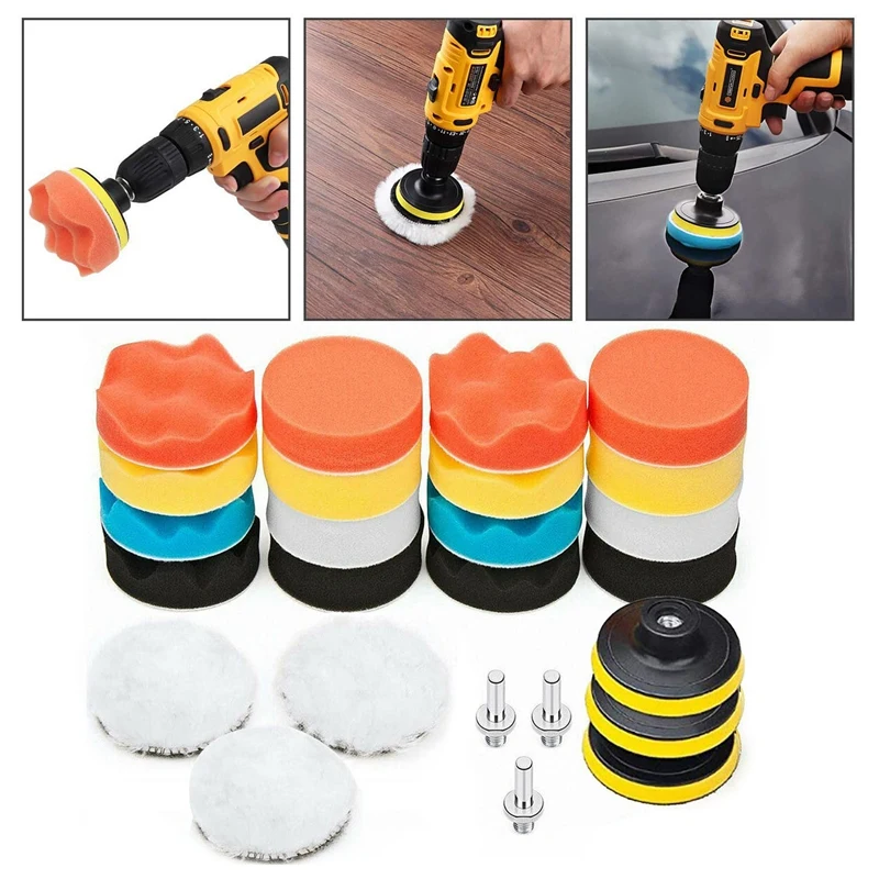 

25PCS 3 Inch Polishing Buffing Pad Kit With Suction Cups, Drill Adapters, Sponge Polishing Pads, Wool Buffer Pads