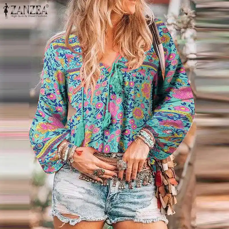 

Bohemian Printed Tops Women's Spring Blouses ZANZEA 2021 Casual Tassel Puff Sleeve Shirts Femlae V Neck Lace-Up Tunic Plus Size