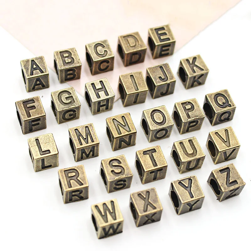 

10pcs Cube Shape 7mm ZAKKA Letter Alphabet Bronze Alloy Metal Loose Big Hole Beads for Jewelry Making DIY Charms Crafts Findings