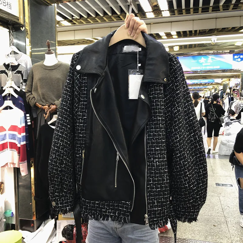 

Spring Plaid PU Leather Patchwork Long Winter Coat Casual High Street Style Women Outwear Belt Pocket 2021 Coat New