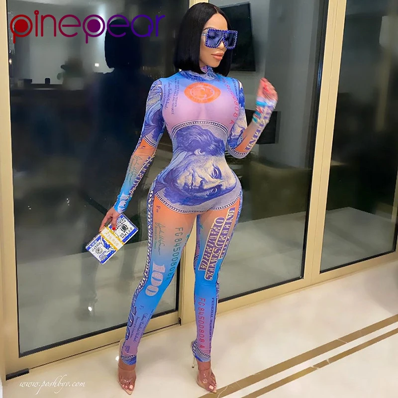 Новинка женские комбинезоны PinePear с принтом денег облегающие длинным рукавом