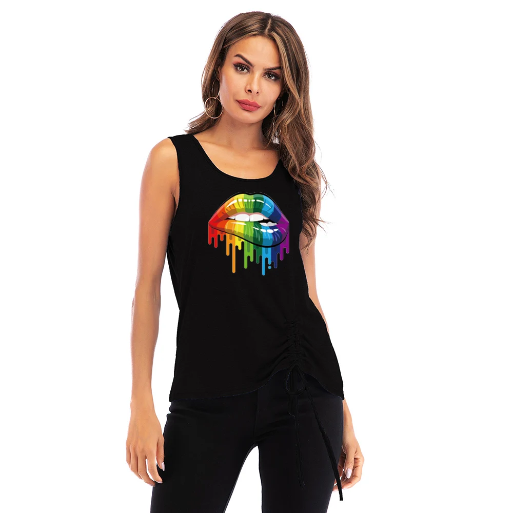 

New Summer Colored Lips Graphic High Quality Tanks Fashion O-Neck Print Sleeveless Tops Harajuku Shirring Streetwear Women Tees