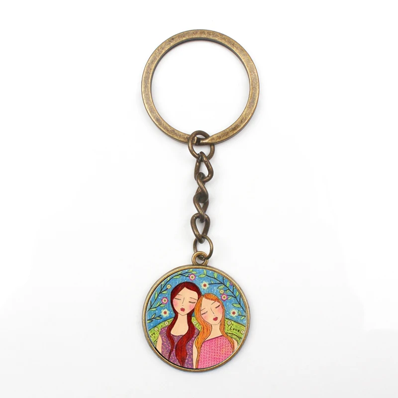 

New Retro Oil Painting Sister Friendship Photo Key Ring Men and Women Key Ring Charm Car Bag Pendant Glass Key Chain Friend Gift