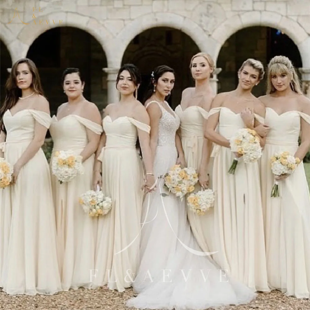 

Fashion Light Yellow Chiffon Sweetheart Bridesmaid Dresses Off the Shoulder Wedding Party Gowns A-Line Prom Gowns Plus Size