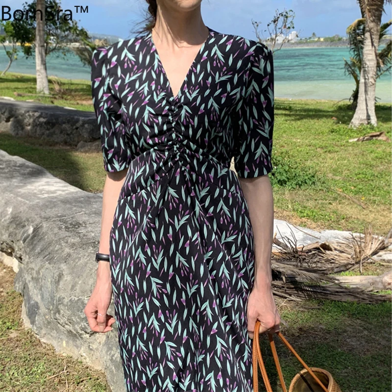 

BornSra 2020 Summer Ruffles Floral Print Slim Waist Mermaid Dress Chic Short Sleeve Ruched Women Dress Female Midi Vestidos