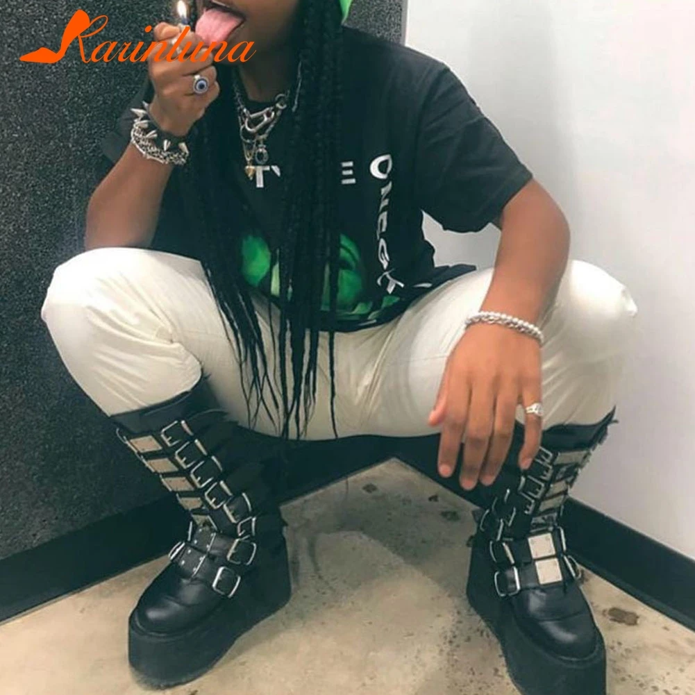 

Luxury Brand New women's High Platform Boots Gothic Cosplay Shoes Woman Stylish Metal Buckle Wedges High Heels Boots Female