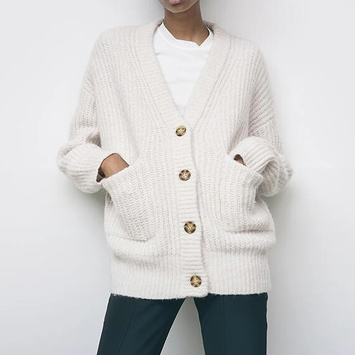 

Jastie 2022 зимние женские вязаные свитера чистого цвета с v-образным вырезом однобортный Карманный Свободный теплый кардиган пальто