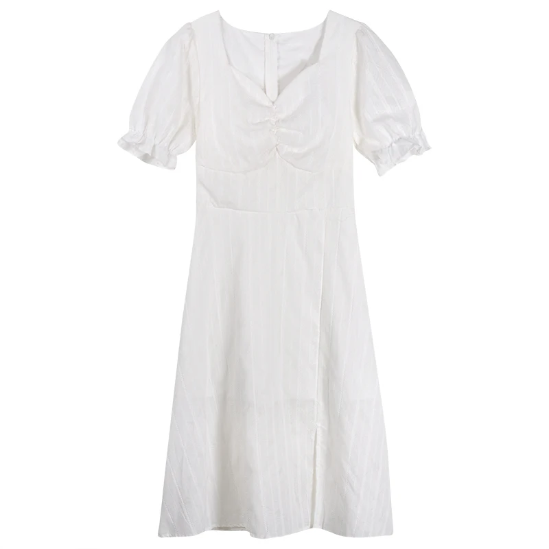 

Women's Summer Korean Style New Style White Puff Sleeve Dress French Style Retro Slit Waist-Tight Super Fairy Slimming Skirt