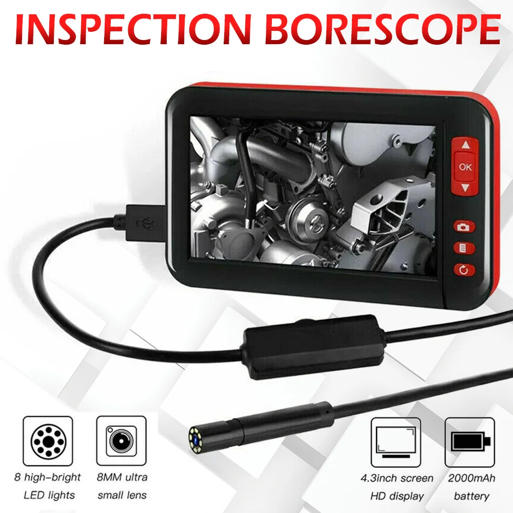

F200 Screen Inspection Endoscope Camera HD1080P 8MM Lens 8 LEDs IP67 Waterproof Borescope 4.3 Inch HD Screen Camera Car Monitor