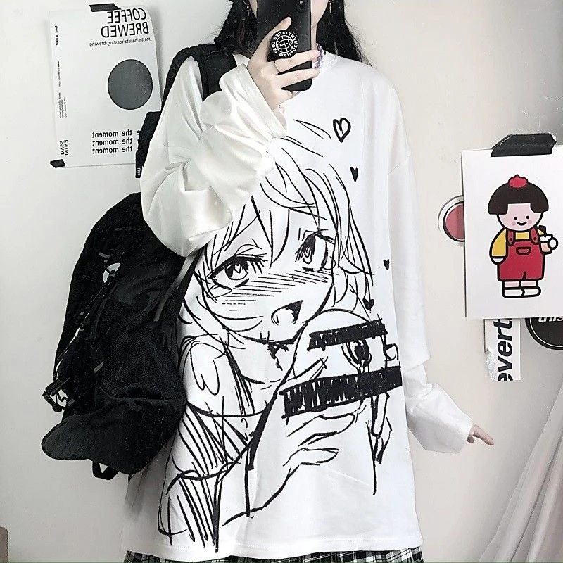 

2021 Summer Anime Harajuku Streetwear Tshirt Kawaii Graffiti Pattern Casual T shirts Top Women Loose Oversized T-shirt Top Y2k