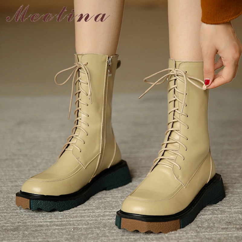 

Meotina Women Genuine Leather Motorcycle Boots Thick Med Heel Platform Mid-Calf Boots Lace Up Zipper Ladies Boots Autumn Apricot