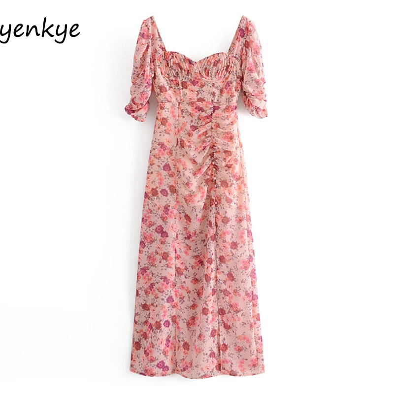 

Женское шифоновое платье, длинное платье с цветочным принтом, с пышными рукавами, высокой талией и разрезами вечерние, для осени