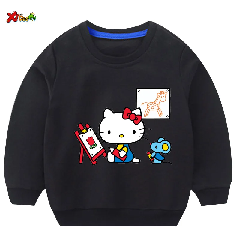 Свитшоты для маленьких девочек Футболка hello kitty г. Осенние толстовки для малышей, пуловер с длинными рукавами Модная одежда с героями мультфильмов красный, белый - Цвет: sweatshirt black