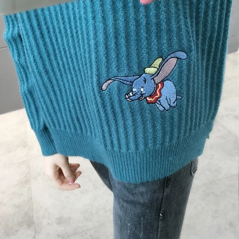 448444 реальное изображение Вышивка Маленький слон круглый вырез вязаный свитер [Zone
