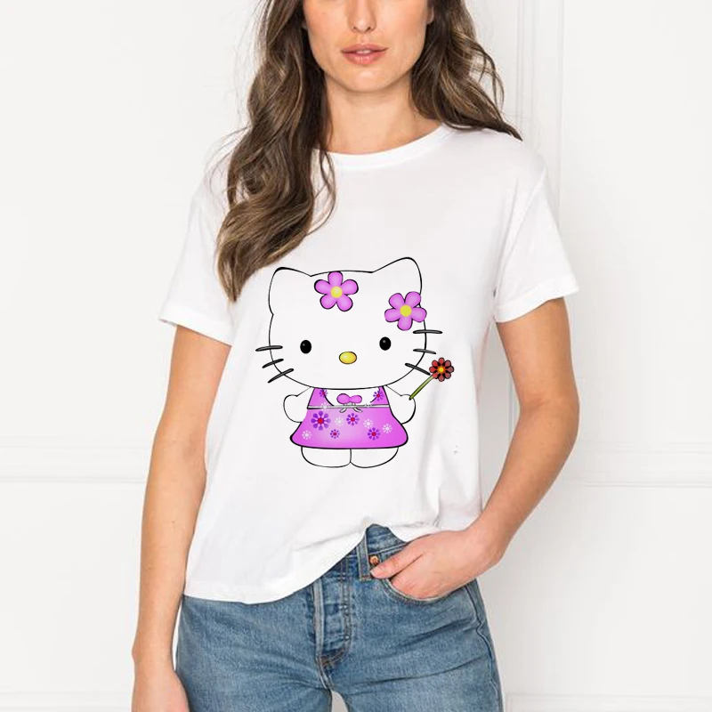 Летние Забавные футболки с героями мультфильмов Kawaii, женские футболки с рисунком hello kitty, повседневные женские футболки 90 s, эстетическая женская футболка