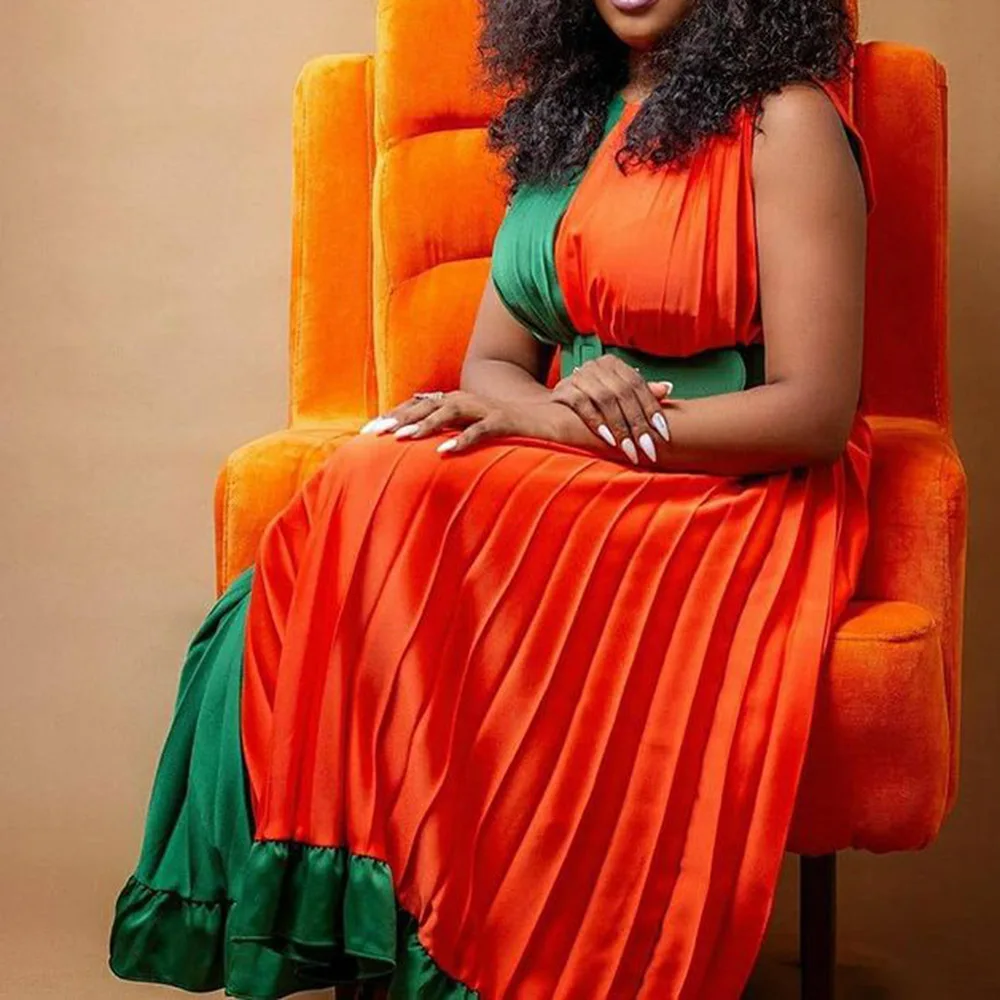 

Western Style Ladies Dresses Spring Summer Fashion Temperament Loose Casual Pleated Splicing Fungus Oversize African Sleeveless