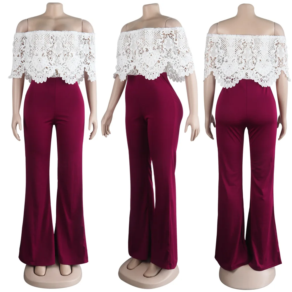 

Off Shoulder Hollow Out Lace Jumpsuit for Women Backless High Waist Causal Elegant Rompers Plus Size Short Sleeve Slim Bodysuit