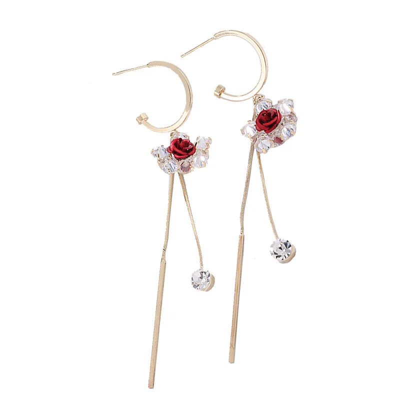 

New Korean style five-pointed star rose flower long tassel earrings Sen sweet earrings elegant and delicate women's earrings