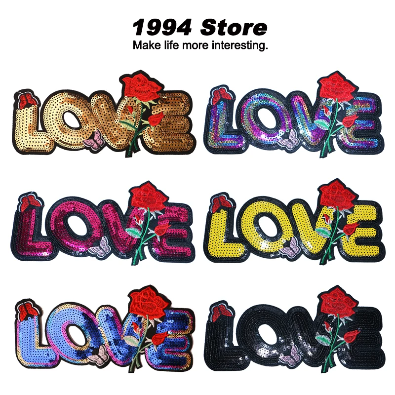 

Letters Love Patches In Different Colors of Yellow Red and Gold DIY Handbags Embroidered Badges For Clothes Rose Ironing Sticker