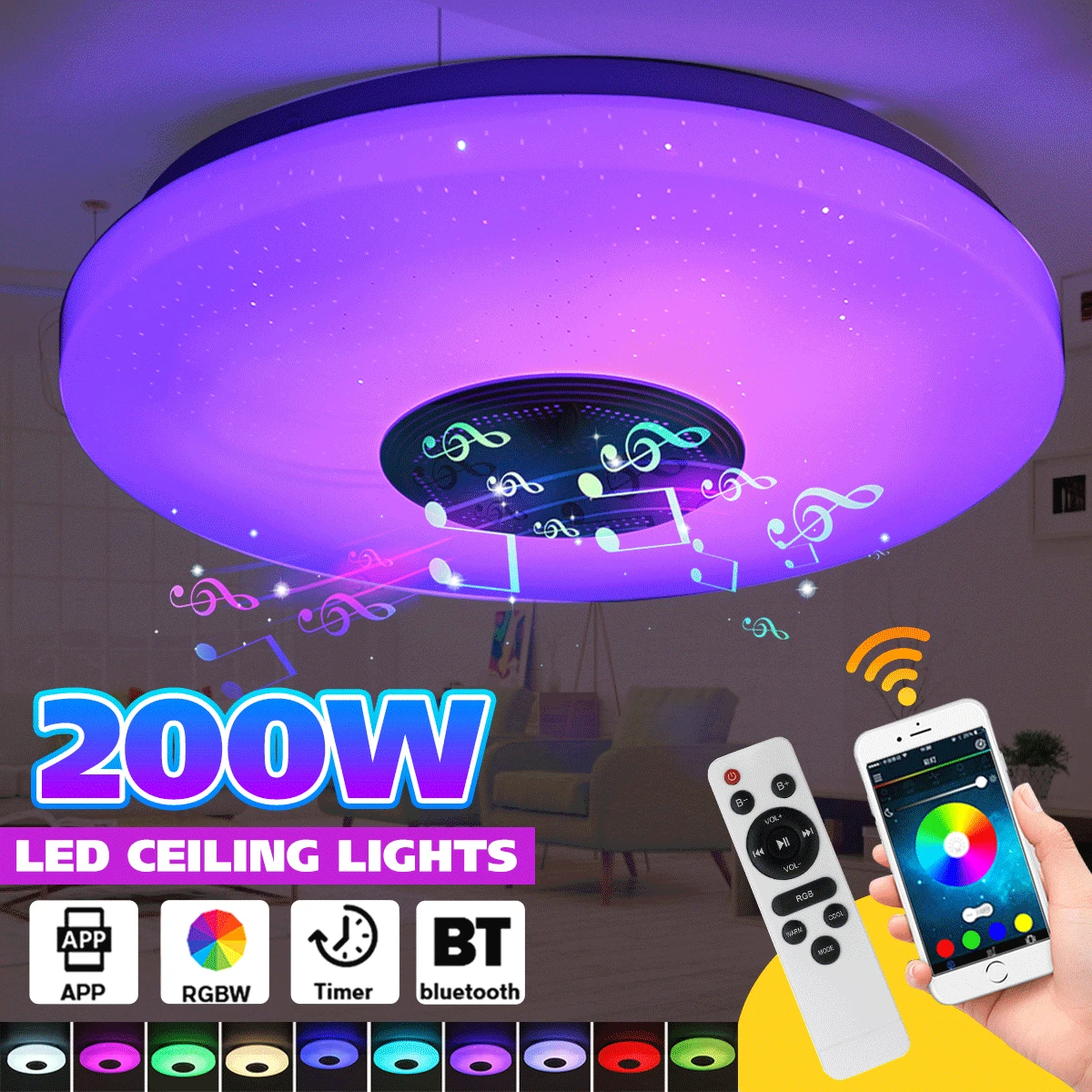 

200W Modern RGB Dimmable LED Ceiling Light Home Lighting APP bluetooth Music Light Bedroom Smart Ceiling Lamp + Remote Control