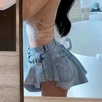 fashion 2021 summer and autumn sexy ruffled hem big wide leg lace up mid waist waist bag zipper loose mini denim shorts women