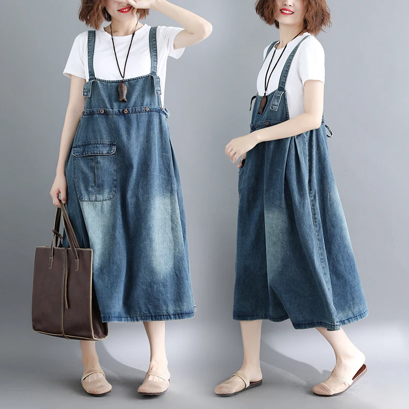 

Fashion Wide Leg Denim Strap Dress For Women Summer Loose Mid-Length Streetwear Simple Retro Casual Male Blue Femme Vestidos