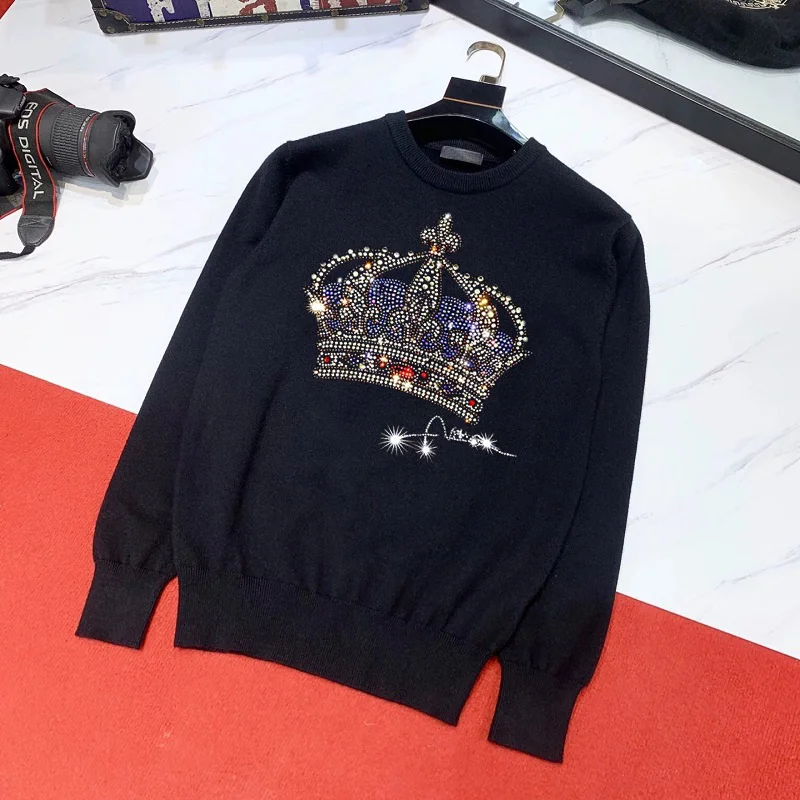 

Crown British Style Pure Color Pullover Knitted Nen's Round Neck Long Sleeve Casual Shiny Diamond Black White