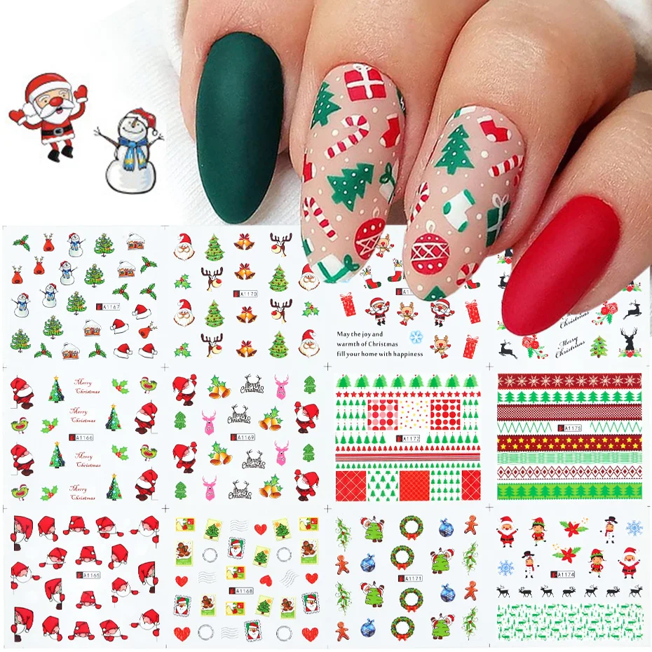 

12pcs Christmas Cartoon Nail Art Stickers Water Decals Winter Santa Claus Nail Sliders Foils New Year Decorations TRA1165-1176