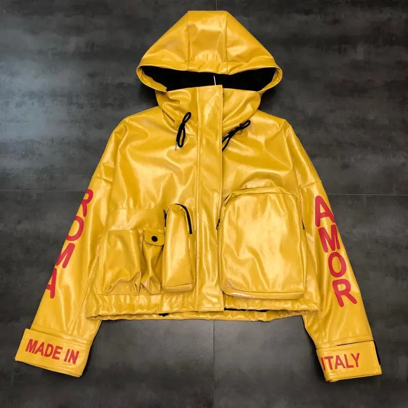 Модная глянцевая женская куртка из искусственной кожи с капюшоном дизайнерская