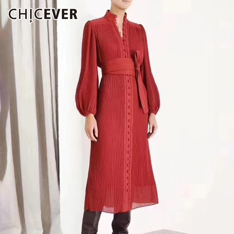 CHICEVER винтажное женское платье со шнуровкой и бантом, стоячий воротник, рукав-фонарик, высокая талия, повседневные платья миди для женщин, мода