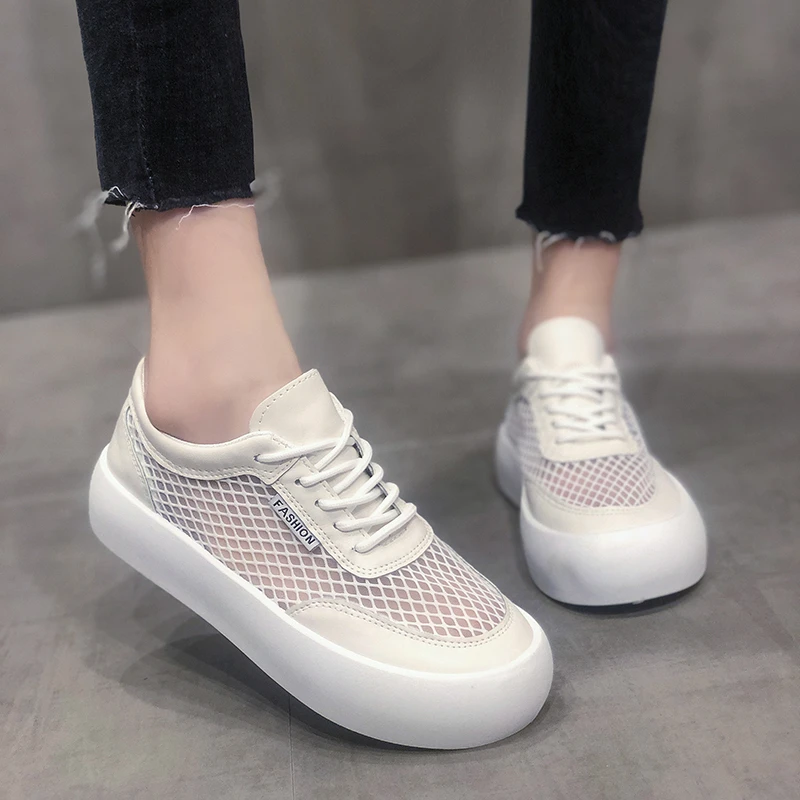 

Nice Pop Fashion Women's Sports Shoes Korean Mesh Black Casual Lace-up Red Black Breathable Shoes Spring Summer Nice