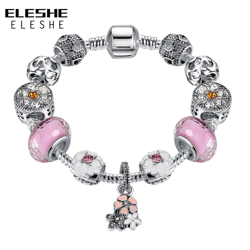 Женский браслет-Шарм с розовыми стеклянными бусинами серебристого цвета |