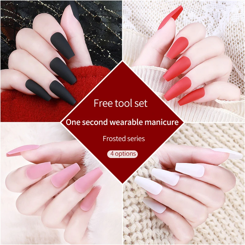 

24PCS Extra Long French Full Cover Fake Nails Matte Texture Matte Feel Ballet Nail Patch Black White Pink Red Press on Nails