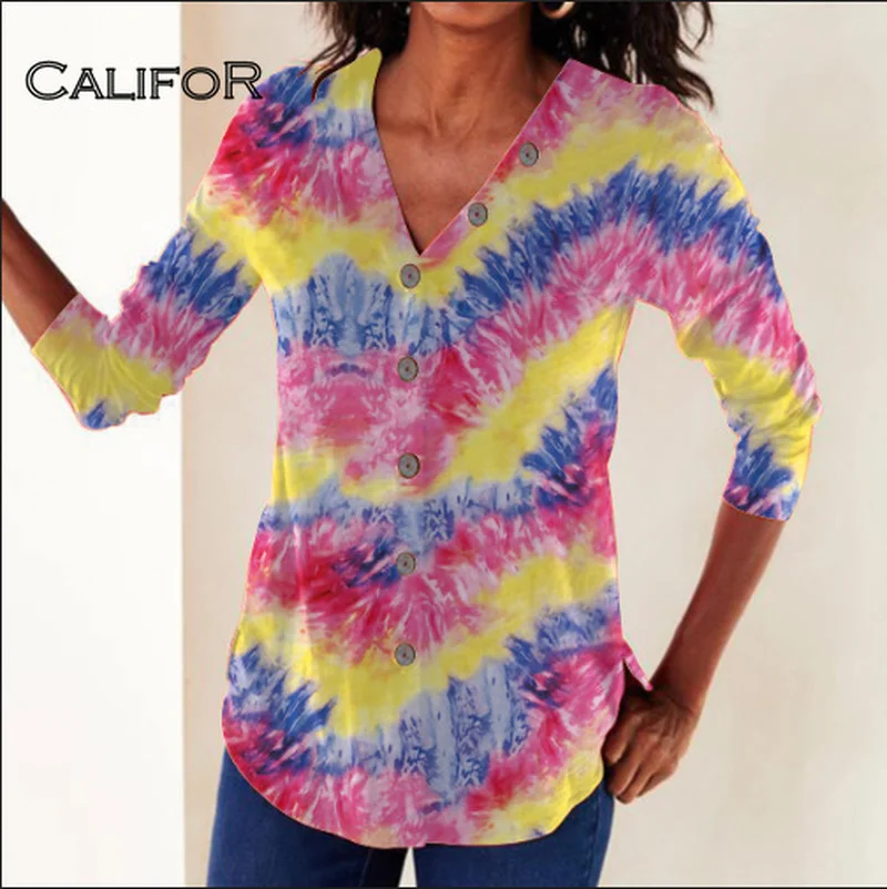 

2021 Fall Women's Clothing Long Sleeve T-shirt Tie Dye Gradient V-neck Shirt Casual Plus Size Ladies Tops White Shirt Women