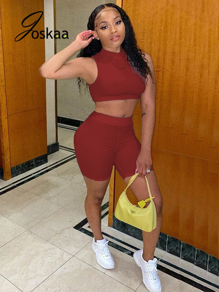 

Joskaa 2021 Women Solid Sports Suits Summer O-Neck Sleeveless Crop Tank Top+High Waist Slim Shorts 2 Pcs Sets Casual Streetwear