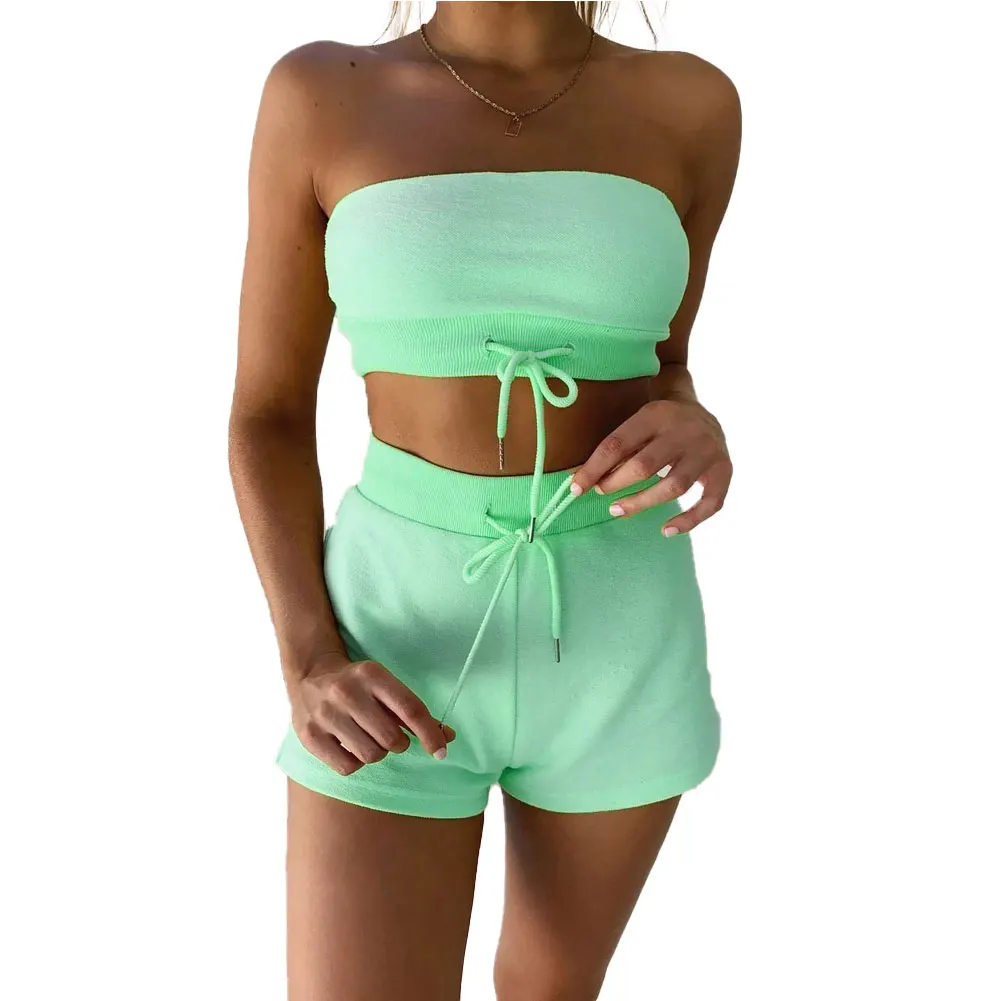 

2020 Fall Womens Casual 2pcs Suit Fashionable Solid Color Sleeveless Sexy Crop Tube Top+ Drawstring High Waist Shorts Set S-XXL