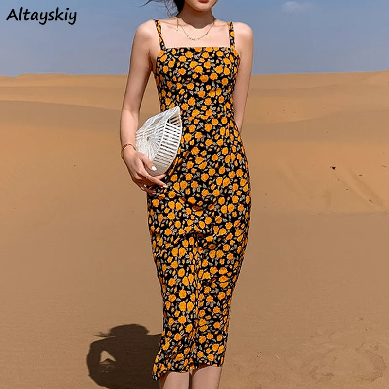 

Женское Платье До Колена, элегантное платье во французском стиле ретро с высокой талией и принтом без рукавов, Ulzzang, лето