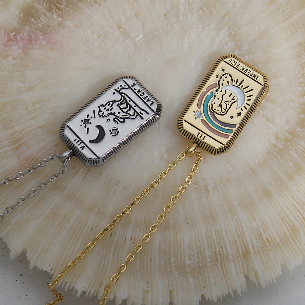 

Prom Chokers Jewelry Women's Tarot Cards Necklaces Silver Color Men's Chain Square Amulet Pendant Moon Heart Fashion Couple Gift