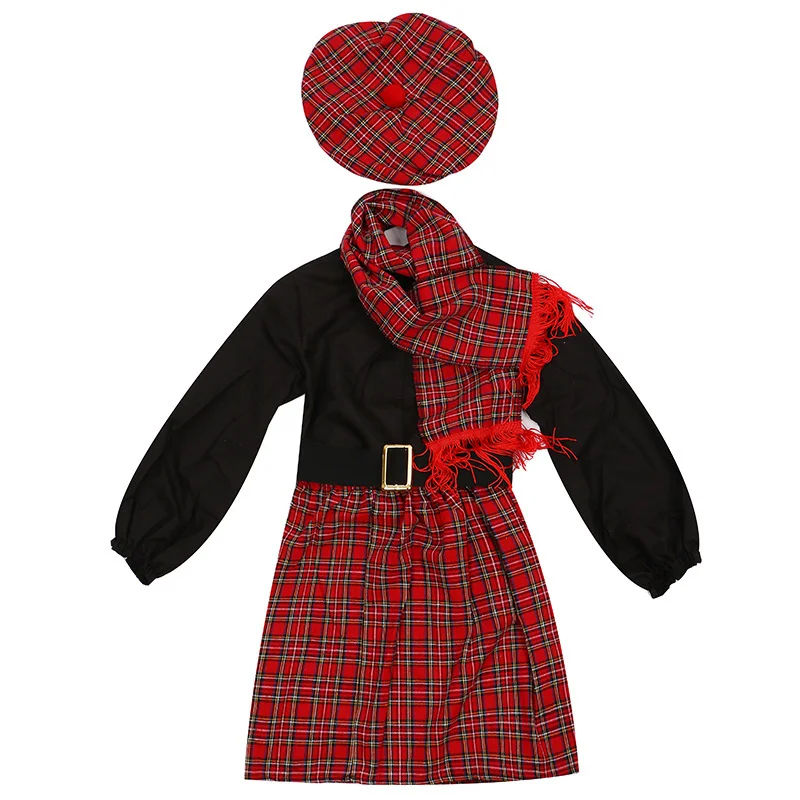 

Girls Ethnic Style Red Lattice Scotland Party Fancy National Dress Halloween Cosplay Carnival Costume