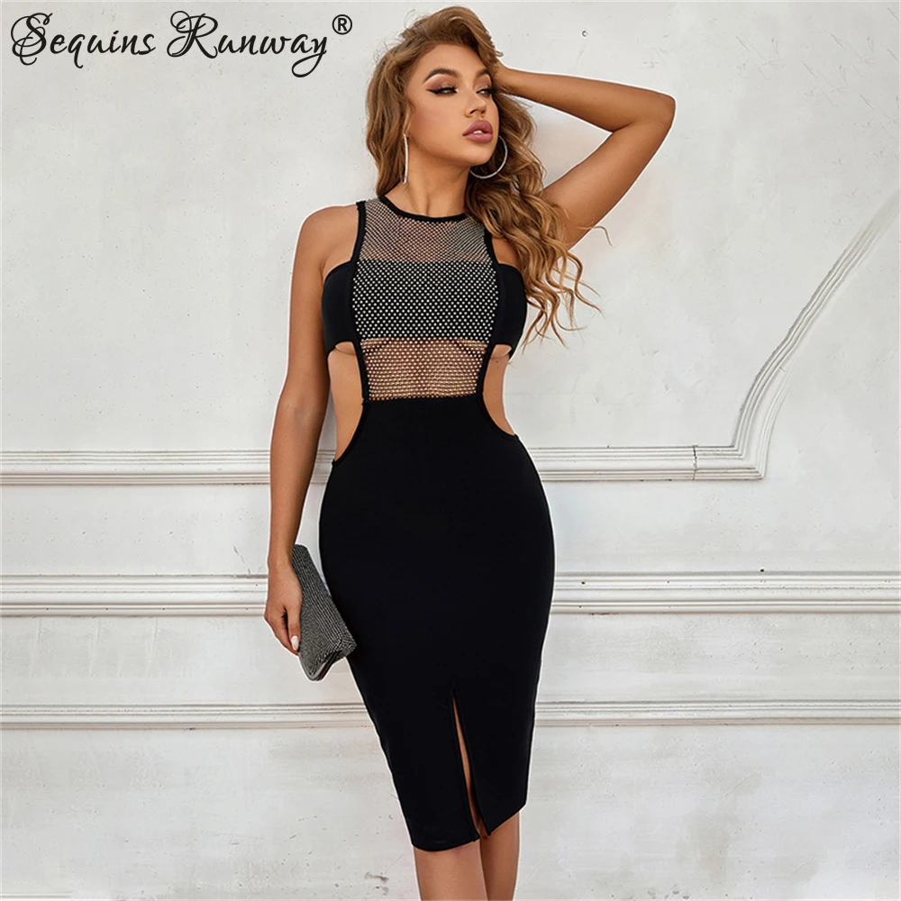 Сексуальное черное прозрачное летнее Бандажное платье стразы, женское Сетчатое облегающее платье для клубной вечеринки, женское платье, ве...