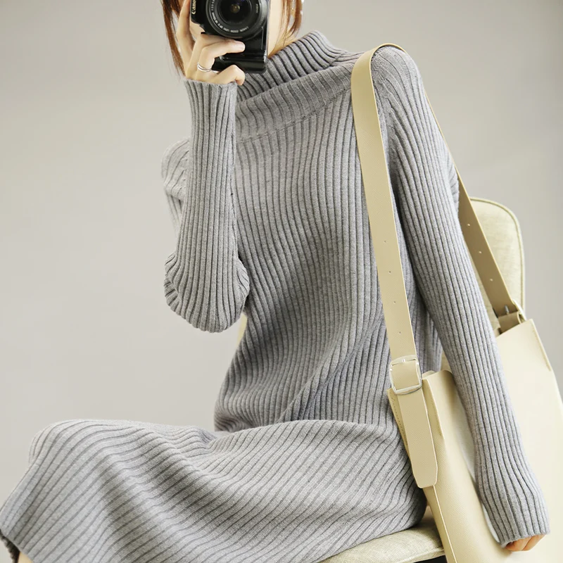 Wide strip long sweater skirt knit base thickening with coat 2019 autumn and winter models high collar elastic warm | Женская одежда