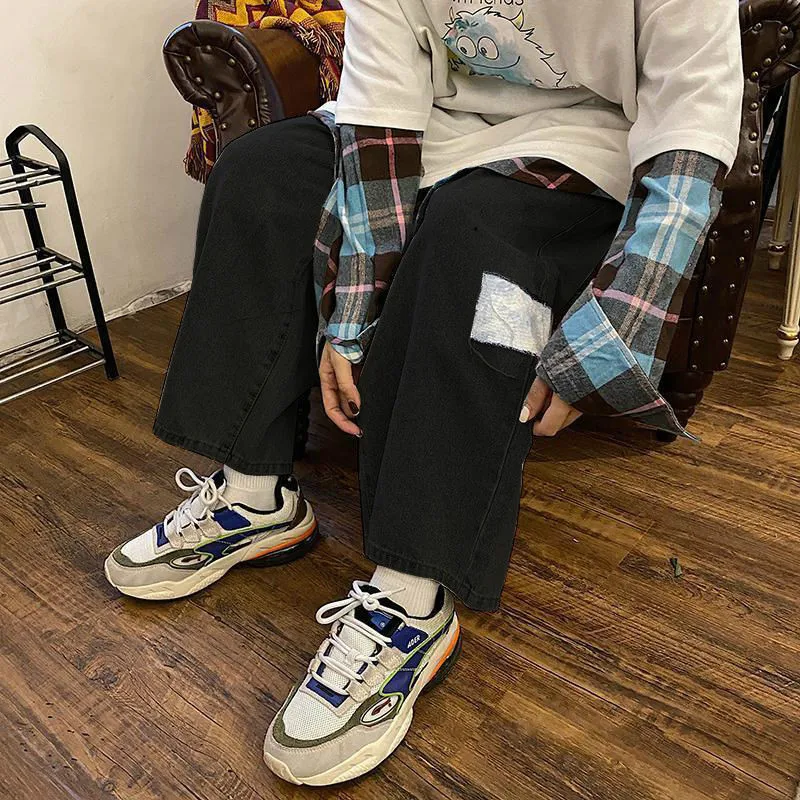 

Women Jeans Wide Leg Trousers Patchwork Vintage High Waist Drawstring Denim Plus Velvet Loose All-match Chic Harajuku Streetwear