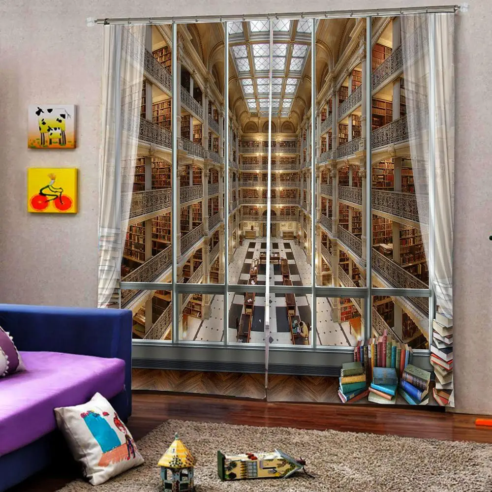 

Blackout Library bookshelf curtains Bedroom 3D Window Curtain Luxury living room decorate Cortina