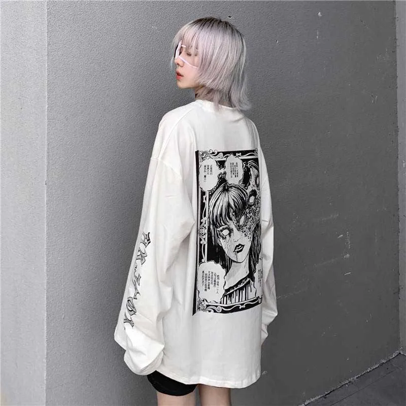 

Cartoon Horror Graphic T-shirt Women Character Print Loose Punk Japanese T Shirts Pullover Top Harajuku Street Tees