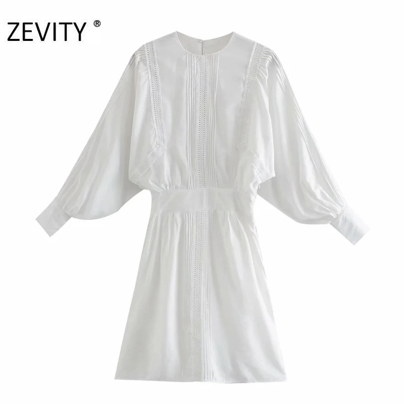 

ZEVITY женское элегантное платье с круглым вырезом, кружевное лоскутное льняное платье с вырезами, женское платье с рукавами-фонариками, шикар...